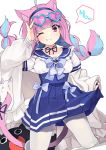  1girl alternate_costume alternate_hairstyle animal_ears blush breasts cat_ears cat_tail eyewear_on_head headband highres hololive minato_aqua multicolored_hair nejime one_eye_closed pantyhose simple_background solo tail violet_eyes virtual_youtuber white_background white_legwear 