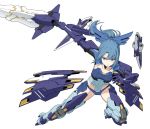  1girl alice_gear_aegis blue_hair elbow_gloves english_commentary gloves holding holding_sword holding_weapon mecha_musume parted_lips pinakes ponytail shorts simple_background solo sword takanashi_rei violet_eyes weapon 