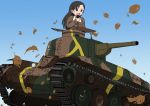  1girl black_eyes black_hair breasts caterpillar_tracks chi-hatan_(emblem) chi-hatan_military_uniform commentary_request day emblem girls_und_panzer ground_vehicle leaf military military_vehicle motor_vehicle nishi_kinuyo pzmark_hobby sky tank type_97_chi-ha 