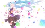  1girl absurdres aqua_hair armpits bare_shoulders black_legwear black_neckwear black_skirt blurry blurry_background closed_eyes commentary confetti cowboy_shot hair_ornament hatsune_miku highres leg_up long_hair miniskirt multicolored_shirt necktie open_mouth outstretched_arms pleated_skirt scrunchie shirt skirt sleeveless sleeveless_shirt smile solo tell_your_world_(vocaloid) thigh-highs twintails very_long_hair vocaloid white_background wrist_scrunchie yuzuha_wasa zettai_ryouiki 