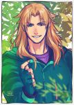  1boy alternate_costume arabagi bangs brown_hair chiron_(fate) contemporary eyebrows_visible_through_hair fate/grand_order fate_(series) fingerless_gloves gloves green_eyes green_hoodie leaf long_hair looking_at_viewer male_focus parted_bangs purple_shirt shirt smile solo tree tree_shade 
