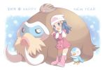  1girl beanie blue_eyes blue_hair blush boots buttons commentary_request dated hikari_(pokemon) eyelashes gen_2_pokemon gen_4_pokemon hair_ornament hairclip hat highres long_hair long_sleeves mamoswine open_mouth over-kneehighs pink_coat pink_footwear piplup pokemon pokemon_(creature) pokemon_(game) pokemon_dppt pokemon_platinum porocha scarf smile standing swinub thigh-highs tongue white_headwear white_legwear white_scarf 