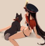  1girl bangs bikini black_bikini black_hair black_headwear breasts dog family_crest fate/grand_order fate_(series) hat kodamari koha-ace legs long_hair oda_nobunaga_(fate) oda_nobunaga_(fate)_(all) oda_uri peaked_cap red_eyes red_shirt shirt short_sleeves sitting small_breasts swimsuit 