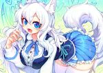  1girl :d absurdres animal_ear_fluff animal_ears aqua_nails blue_eyes blue_skirt breasts buttons center_frills eyebrows_visible_through_hair fangs fingernails frills hair_between_eyes heart highres ifelt_(tamaki_zutama) indie_virtual_youtuber large_breasts long_sleeves looking_at_viewer lumi_(merryweather) nail_polish open_mouth sharp_fingernails skirt smile solo tail thigh-highs virtual_youtuber white_hair white_legwear wolf_ears wolf_girl wolf_tail 