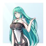  1girl bangs bare_arms bare_shoulders blush breasts chest_jewel cowboy_shot earrings green_eyes green_hair hair_down highres jewelry large_breasts long_hair looking_at_viewer pneuma_(xenoblade) sarasadou_dan solo swept_bangs very_long_hair xenoblade_chronicles_(series) xenoblade_chronicles_2 