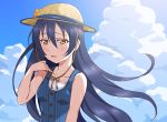  1girl arm_up bangs bare_shoulders blue_hair blush clouds commentary_request day hair_between_eyes hat long_hair looking_at_viewer love_live! love_live!_school_idol_project open_mouth sky solo sonoda_umi straw_hat sweat yanekawara yellow_eyes 