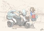  1girl bag black_eyes brown_hair cat floating_hair ground_vehicle looking_back moped motor_vehicle original pgo_i&#039;me125 rabienu short_hair vehicle_focus 