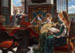  1boy 2girls blonde_hair book brown_hair curly_hair day desk dress fur_trim hourglass indoors instrument jane_mere long_dress long_hair lute_(instrument) medium_hair multiple_girls music orange_hair original playing_instrument reading renaissance renaissance_clothes signature sitting very_long_hair window 