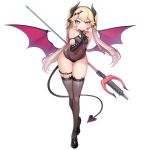  1girl bangs black_legwear blonde_hair blue_eyes blush demon_girl demon_horns demon_tail demon_wings flat_chest highres horns last_origin leotard long_hair looking_at_viewer mary_janes mh-4_thetis navel official_art polearm see-through shoes smile solo tachi-e tail thigh-highs thigh_gap transparent_background trident twintails weapon wings 