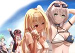  5girls absurdres animal_ears arm_strap armpits ball beachball bikini black_headwear black_jacket blonde_hair blue_hair braid breasts brown_eyes bubble_tea carrot closed_eyes closed_mouth collarbone commentary_request eyewear_on_head flat_chest green_hair grey_hair hair_bun highres holding hololive hololive_fantasy houshou_marine huge_filesize innertube jacket large_breasts li_zhu long_hair long_sleeves medium_breasts multiple_girls navel orange_eyes parted_lips pointy_ears rabbit_ears red_bikini redhead shiranui_flare shirogane_noel smile sunglasses swimsuit uruha_rushia usada_pekora virtual_youtuber waving 