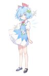  1girl arin_(fanfan013) bare_legs black_footwear blue_dress blue_eyes blue_hair bow cirno collared_shirt dress flower full_body hair_bow hair_flower hair_ornament highres ice ice_wings light_smile looking_at_viewer no_socks puffy_short_sleeves puffy_sleeves red_bow red_ribbon ribbon shirt shoes short_dress short_hair short_sleeves simple_background sleeveless sleeveless_dress solo touhou white_background white_flower white_shirt wing_collar wings 