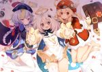  3girls :d :o backpack backpack_removed bag barefoot bed black_eyes blonde_hair blue_scarf braid cellphone chinese_clothes closed_mouth constellation controller dualshock eyebrows_visible_through_hair fairy game_controller gamepad genshin_impact hair_flaps hair_ornament halo hands_on_own_chest hat hat_feather highres jiangshi klee_(genshin_impact) leather leather_bag long_sleeves looking_at_viewer lying medium_hair multiple_girls nahaki no_shoes ofuda on_back on_bed on_side open_mouth outstretched_arms paimon_(genshin_impact) pale_skin petals phone playstation_controller pointy_ears pom_pom_(clothes) purple_hair purple_headwear qing_guanmao qiqi red_eyes red_headwear rose_petals scarf shorts_under_dress sidelocks single_braid single_thighhigh skindentation smartphone smile star_(symbol) star_hair_ornament symbol_commentary talisman thigh-highs violet_eyes white_feathers white_hair yin_yang 