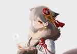  1girl animal animal_ears azur_lane bra bra_peek earrings fur-trimmed_kimono fur_trim grey_hair hair_ornament highres holding holding_animal ink_stain japanese_clothes jewelry kimono kurosawaprynio looking_at_viewer medium_hair orange_eyes simple_background solo star_(symbol) star_earrings suzutsuki_(azur_lane) underwear white_kimono wide_sleeves 