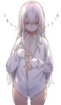  1girl bangs flat_chest highres long_hair naked_shirt original otokuyou red_eyes scar shirt simple_background sleeves_past_wrists solo white_background white_hair 