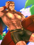  01rosso 1boy abs alternate_costume bara bare_chest beard bulge capelet chest facial_hair fate/grand_order fate/zero fate_(series) hand_on_head holding holding_surfboard iskandar_(fate) male_focus male_swimwear manly muscle red_capelet red_eyes redhead short_hair solo summer surfboard swim_trunks swimwear thighs 