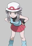  1girl aqua_legwear aqua_shirt black_wristband breasts bucket_hat closed_mouth commentary_request grey_background grey_eyes grey_hair hands_on_hips hat highres knees leaf_(pokemon) leaning_forward long_hair looking_at_viewer loose_socks pleated_skirt pokemon pokemon_(game) pokemon_frlg red_skirt sawa_(soranosawa) shirt sidelocks skirt sleeveless sleeveless_shirt smile socks solo white_headwear wristband 