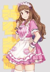  1girl absurdres apron brown_hair dress embarrassed frilled_dress frills hairband highres idolmaster idolmaster_cinderella_girls idolmaster_cinderella_girls_starlight_stage kamiya_nao kurige long_hair looking_at_viewer maid maid_apron maid_dress maid_headdress pinafore_dress pink_dress red_eyes sidelocks simple_background solo thigh-highs thighs wristband 