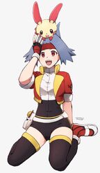  1girl :d arm_up black_legwear blue_hair commentary covered_navel cropped_jacket eyelashes fingerless_gloves gen_3_pokemon gloves happy headband iruzu_(pixiv27236115) on_head open_mouth plusle pokemon pokemon_(creature) pokemon_on_head pokemon_ranger red_eyes red_headband shoes short_sleeves smile solana_(pokemon) teeth thigh-highs tongue 