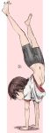  1girl artist_name bangs barefoot bike_shorts black_shorts brown_eyes brown_hair colored_pencil_(medium) commentary erakin flat_chest girls_und_panzer gym_shirt gym_uniform handstand highres isobe_noriko looking_at_viewer looking_back midriff_peek navel open_mouth pink_background shadow shirt short_hair short_shorts short_sleeves shorts signature solo t-shirt traditional_media upside-down white_shirt 