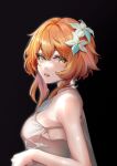  1girl absurdres bangs black_background blush breasts dress dynamotor eyebrows_visible_through_hair flower genshin_impact hair_flower hair_ornament highres looking_at_viewer looking_to_the_side lumine_(genshin_impact) medium_hair open_mouth orange_hair parted_lips solo teeth upper_body white_dress yellow_eyes 