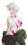  1boy absurdres blood blood_on_face bloody_clothes collarbone dangan_ronpa dangan_ronpa_1 green_jacket grey_eyes hair_between_eyes highres jacket komaeda_nagito male_focus migumi off-shoulder_jacket open_mouth purple_blood shirt simple_background smile solo standing super_dangan_ronpa_2 t-shirt tongue upper_teeth white_background white_hair 