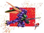  cham_fau chibi clenched_hand dunbine fairy flying green_eyes holding holding_sword holding_weapon insect_wings looking_at_viewer mecha red_eyes redhead seisenshi_dunbine sword vigwer weapon wings 