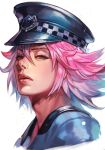  1girl alternate_costume aqua_eyes blue_shirt cropped_torso eyelashes face final_fight hankuri hat lips lipstick long_hair looking_at_viewer makeup open_mouth peaked_cap pink_hair poison_(final_fight) police police_badge police_hat police_uniform policewoman shirt solo spiky_hair street_fighter street_fighter_v uniform upper_teeth white_background 