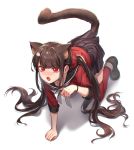  1girl all_fours animal_ears bangs black_sailor_collar black_skirt blunt_bangs blush bracelet breasts brown_hair cat_ears cat_girl cat_tail claw_pose collarbone dangan_ronpa ear_piercing eyebrows_visible_through_hair fang hair_ornament hair_scrunchie harukawa_maki highres jewelry long_hair long_sleeves looking_at_viewer low_twintails miniskirt mole mole_under_eye nanin new_dangan_ronpa_v3 open_mouth piercing plaid plaid_skirt pleated_skirt red_eyes red_legwear red_scrunchie sailor_collar school_uniform scrunchie serafuku shirt shoes simple_background skirt solo tail tail_raised thigh-highs twintails very_long_hair white_background 