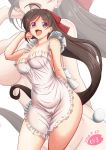  1girl apron breasts brown_hair commentary_request frilled_apron frills hair_ornament hair_ribbon hairclip holding holding_ladle kantai_collection ladle large_breasts long_hair mamiya_(kantai_collection) moke_ro naked_apron ponytail red_ribbon ribbon solo violet_eyes white_apron zoom_layer 