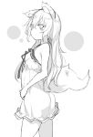  1girl animal_ears ass bare_shoulders blush_stickers dress greyscale highres looking_at_viewer monochrome original otokuyou simple_background sketch sleeveless sleeveless_dress solo tail white_background 