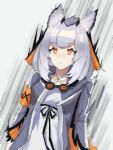  1girl arknights armband bangs coat dress eyebrows_visible_through_hair goggles goggles_around_neck grey_coat highres long_sleeves mtzgd open_clothes open_coat orange_eyes owl_ears pointy_hair ptilopsis_(arknights) rhine_lab_logo short_hair silver_hair solo surprised white_dress wide-eyed 