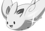  :d commentary_request creature full_body gen_4_pokemon grey_background greyscale happy looking_to_the_side monochrome no_humans open_mouth pokemon pokemon_(creature) sayshownen simple_background smile solo sparkling_eyes togekiss twitter_username watermark wings 