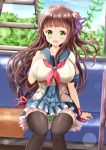  1girl :d ass_visible_through_thighs bangs black_legwear blue_sailor_collar blue_skirt blush breasts brown_hair collarbone commentary_request day eyebrows_visible_through_hair feet_out_of_frame flower gochuumon_wa_usagi_desu_ka? green_eyes green_panties hair_flower hair_ornament hair_ribbon hand_on_own_chest hand_up highres large_breasts long_hair looking_at_viewer neckerchief one_side_up open_mouth panties pleated_skirt purple_ribbon red_neckwear ribbon sailor_collar sitting skirt smile solo thigh-highs ujimatsu_chiya underwear very_long_hair white_flower zenon_(for_achieve) 