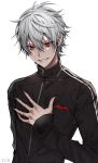  1boy absurdres bangs black_jacket commentary_request ear_piercing earrings eyebrows_visible_through_hair fang fingernails grey_hair grin hair_between_eyes hand_on_own_chest highres jacket jewelry kuzuha_(nijisanji) looking_at_viewer male_focus mole mole_under_eye nijisanji piercing pointy_ears red_eyes sharp_fingernails short_hair smile solo tcb track_jacket turtleneck upper_body virtual_youtuber white_background zipper zipper_pull_tab 