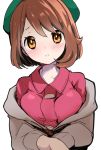  1girl bangs blush bob_cut brown_hair buttons cardigan chorimokki closed_mouth collared_dress commentary_request dress frown gloria_(pokemon) green_headwear grey_cardigan hat looking_at_viewer orange_eyes pink_dress pokemon pokemon_(game) pokemon_swsh short_hair simple_background solo tam_o&#039;_shanter upper_body white_background 