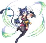  1girl animal_ears aqua_eyes artist_request ayakashi_rumble! bell blue_hair breasts cat_ears cat_girl cat_tail claw_(weapon) earrings japanese_clothes jewelry large_breasts looking_at_viewer mole mole_under_eye multiple_tails nekomata official_art rin_(ayakashi_rumble!) sandals short_hair slit_pupils solo tail thigh-highs transparent_background weapon 