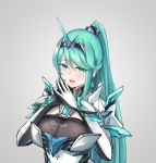  1girl :d bangs blush breasts chest_jewel earrings fingers_together gloves green_hair grey_background hair_between_eyes highres jewelry large_breasts long_hair long_ponytail looking_at_viewer open_mouth pneuma_(xenoblade) ponytail sarasadou_dan simple_background smile solo swept_bangs tiara upper_body very_long_hair xenoblade_chronicles_(series) xenoblade_chronicles_2 