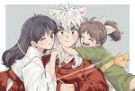  1boy 2girls absurdres animal_ears bead_necklace beads bow closed_eyes father_and_daughter hair_bow han&#039;you_no_yashahime highres higurashi_kagome https://www.pixiv.net/en/artworks/83325110 inuyasha inuyasha_(character) japanese_clothes jewelry kimono long_hair multiple_girls necklace user_dkjr4553 younger 