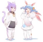  2girls :3 ;o adapted_costume ahoge amana_(pocketkey) animal_ear_fluff animal_ears arms_at_sides bangs barefoot blue_hair bow braid bunny_girl carrot_hair_ornament cat_ears cat_girl child clenched_hand collar commentary_request don-chan_(usada_pekora) food_themed_hair_ornament hair_bow hair_ornament hands_up highres hololive long_hair long_sleeves looking_at_viewer messy_hair multicolored_hair multiple_girls neck_ribbon nekomata_okayu no_shoes o-ring one_eye_closed open_mouth oversized_clothes pajamas pants pants_rolled_up pocket pullover purple_hair rabbit_ears red_eyes ribbon shirt short_hair sidelocks simple_background sleepy sleeves_past_wrists socks standing stuffed_animal stuffed_bunny stuffed_toy tail tears twin_braids twintails two-tone_hair usada_pekora violet_eyes virtual_youtuber white_background white_bow white_footwear white_hair white_pants white_shirt yawning younger 