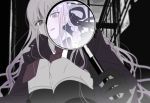  1girl braid collar dangan_ronpa dark_background eyebrows_visible_through_hair foreshortening from_below gloves holding holding_magnifying_glass jacket kirigiri_kyouko light_smile long_hair looking_at_viewer magnifying_glass necktie parted_lips red_neckwear silver_hair solo squatting very_long_hair violet_eyes vo1ez white_collar 
