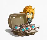  1boy armor bettykwong blonde_hair blue_eyes chibi egg egg_carton fingerless_gloves gloves guardian_(breath_of_the_wild) hyrule_warriors:_age_of_calamity link looking_at_another pointy_ears sidelocks the_legend_of_zelda the_legend_of_zelda:_breath_of_the_wild 