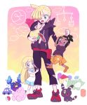  2boys 2girls anzu_(01010611) blonde_hair blush brother_and_sister building_block carrying clefairy closed_eyes closed_mouth cosmog dress ear_piercing gen_1_pokemon gen_2_pokemon gen_7_pokemon gladion_(pokemon) green_eyes grey_eyes hair_ornament hair_over_one_eye hanging hau_(pokemon) highres leg_hug legendary_pokemon lillie_(pokemon) long_hair looking_down multiple_boys multiple_girls open_mouth orange_footwear orange_shorts pants piercing poke_ball poke_ball_(basic) pokemon pokemon_(game) pokemon_sm selene_(pokemon) shoes short_sleeves shorts siblings socks standing substitute_(pokemon) sweatdrop symbol_commentary tongue torn_clothes torn_pants toy_car umbreon white_dress white_legwear younger 