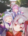  3girls absurdres alternate_costume alternate_hairstyle blurry blurry_background blush closed_eyes commentary_request flower hair_flower hair_ornament highres hololive horns japanese_clothes kimono long_hair maid_headdress minato_aqua multiple_girls murasaki_shion nakiri_ayame one_eye_closed oni_horns open_mouth red_eyes smile torii v virtual_youtuber 