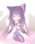  1girl animal_ear_fluff animal_ears blue_ribbon cat_ears detached_sleeves eyebrows_visible_through_hair flower futoshi_ame hair_between_eyes hair_flower hair_ornament highres holding holding_hair long_hair original purple_hair ribbon solo 