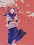 1girl arm_across_chest bare_arms bird blue_eyes blue_sailor_collar clouds commentary feet_out_of_frame glaring glitch hashimiya higurashi_no_naku_koro_ni looking_at_viewer muted_color neckerchief no_nose open_mouth orange_hair puffy_short_sleeves puffy_sleeves red_sky ryuuguu_rena sailor_collar short_sleeves skirt sky solo twitter_username yellow_neckwear 