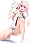  1boy animal ansel_(arknights) arknights armband bulge cap cropped_gloves crossdressinging doctor ears eyebrows eyes focus footwear gloves hair hat holding looking male mouth necktie neckwear nurse open_mouth panties pink rabbit red short_sleeves solo syringe trap underwear v-shaped_eyebrows watch white 