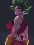  1girl black_background blue_eyes breasts closed_mouth dragon_ball dragon_ball_super earrings from_behind green_hair jewelry kefla_(dragon_ball) kemachiku large_breasts looking_at_viewer midriff potara_earrings short_hair simple_background solo super_saiyan 
