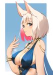  1girl angry_num animal_ear_fluff animal_ears arm_at_side azur_lane bangs bare_shoulders between_breasts blue_background blue_dress blue_eyes blunt_bangs bob_cut bracelet breasts colored_inner_hair covered_nipples dress eyelashes eyeliner fingernails fox_ears gem hand_up jewelry kaga_(azur_lane) kaga_(white-tailed_magnificence)_(azur_lane) large_breasts lipstick looking_at_viewer makeup multicolored_hair nail_polish necklace outside_border parted_lips red_nails redhead short_hair sideways_glance sleeveless sleeveless_dress smile solo upper_body white_hair 