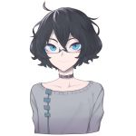  1boy bangs black-framed_eyewear black_collar black_hair blue-framed_eyewear blue_eyes choker collar collarbone commentary_request cropped_torso glasses grey_sweater hair_between_eyes highres indie_virtual_youtuber kushizaki_(vtuber) looking_at_viewer male_focus messy_hair semi-rimless_eyewear short_hair simple_background smile solo st_(youx1119) sweater under-rim_eyewear virtual_youtuber white_background 