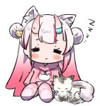  1girl =_= animal_ear_fluff animal_ears blush cat cat_ears chibi commentary_request double_bun gradient_hair hololive hood hood_down hoodie horns long_hair multicolored_hair nakiri_ayame namaonpa parted_lips redhead simple_background sitting sleeping slippers virtual_youtuber white_background white_hair zzz 